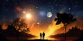 romantic starry night Trees silhouettes and couple watch on moon universe cosmic background and Royalty Free Stock Photo