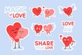 Romantic stickers with happy hearts. Vector sticker sheet for Valentines day with cute heart characters. Two angels Royalty Free Stock Photo