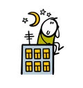 Romantic stickman sits on the roof of skyscraper with moon and stars and dreams of love and peace. Vector illustration