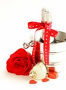 Romantic still life champagne, roses, gifts Royalty Free Stock Photo