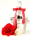 Romantic still life champagne, roses, gifts Royalty Free Stock Photo