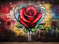 Romantic Street Art Red Rose and Heart Graffiti on Wall