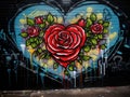 Romantic Street Art Red Rose and Heart Graffiti on Wall