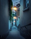 Romantic street of the old town in Warsaw at night