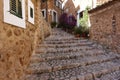 Romantic street in the picturesque small town Fornalutx, Majorca Spain, Mediterranean Sea Island. Royalty Free Stock Photo