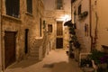 Romantic streets of Polignano a Mare old town by night with poems written on stairs, Apulia region, South of Italy