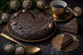 Romantic style coffee and chocolate cake on the table with flowers and love symbol decors, AI generated