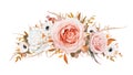 Romantic stylish vector floral wreath, garland bouquet design. Blush peach, pale pink Roses, ivory white anemone flowers, taupe