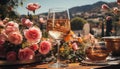 A romantic summer celebration with wine, flowers, and elegance generated by AI Royalty Free Stock Photo