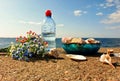 Romantic summer sunset on sea Wonderful Wild flowers fresh water in the clean Baltic Sea seashell on the rock Blue glass cup an