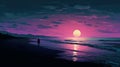 Romantic Sunset Beach Illustration In Sza Style With Pixel Art