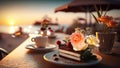 romantic sunset beach at sea caffee cafe ,cup of coffee ,sweet cake and flowers on table ,romantic couple relaxing, Royalty Free Stock Photo