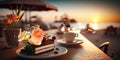 romantic sunset beach at sea caffee cafe ,cup of coffee ,sweet cake and flowers on table ,romantic couple relaxing, Royalty Free Stock Photo