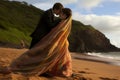 Romantic sunset beach wedding with groom passionately kissing bride