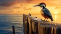 Romantic Sunset: Bird On Wooden Board At Pier Royalty Free Stock Photo