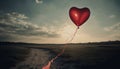 Romantic sunset celebration with heart shaped balloon flying in nature beauty generated by AI