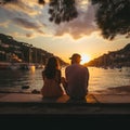 romantic couple relaxing on promenade and watching beautiful sunset and make photo on mediterranean sea port with boat