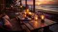 Romantic sunset dinner on the beach. AI Generated. Royalty Free Stock Photo