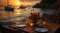 Romantic sunset dinner on the beach. AI Generated Royalty Free Stock Photo