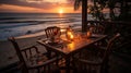 Romantic sunset dinner on the beach. Ai Generated Royalty Free Stock Photo