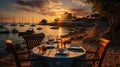 Romantic sunset dinner on the beach. AI Generated Royalty Free Stock Photo