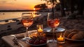 Romantic sunset dinner on the beach. AI Generated Royalty Free Stock Photo