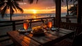 Romantic sunset dinner on the beach. AI Generated Royalty Free Stock Photo