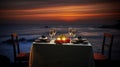 Romantic sunset dinner on the beach. Glasses of champagne drinks in a restaurant with sea view. Summer love, AI Generative Royalty Free Stock Photo