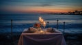 Romantic sunset dinner on the beach. Glasses of champagne drinks in a restaurant with sea view. Summer love, AI Generative Royalty Free Stock Photo