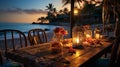 Romantic sunset dinner on the beach. AI Generated Royalty Free Stock Photo