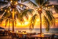 Romantic sunset dinner by the ocean under palm trees with string lights. Generative AI Royalty Free Stock Photo