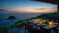 Romantic Dinner Table Setting at Sunset Overlooking Ocean View from Luxury Villa Royalty Free Stock Photo