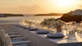 Elegant Sunset Wedding Banquet Table Setting by the Sea, Santorini Royalty Free Stock Photo