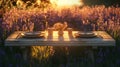 Romantic Sunset Dinner Table Set Amongst Lavender Fields Royalty Free Stock Photo