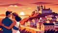 Romantic Sunset Embrace Overlooking a Quaint Townscape Royalty Free Stock Photo