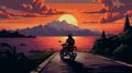 Romantic Sunset Motorcycle Pixel Art Painting