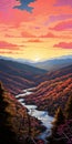 Romantic Sunset Over Valley: Detailed Shading, Smokey Background, Bold Colors