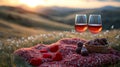 Romantic sunset picnic with wine and chocolates Royalty Free Stock Photo