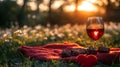 Romantic sunset picnic wine, chocolates, heart Royalty Free Stock Photo