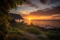 romantic sunset on remote island, with view of the ocean Royalty Free Stock Photo