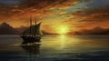 Romantic sunset with a sailboat silhouette on the water generated by A
