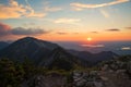 Romantic sunset scenery at herzogstand mountain, view to heimgarten and hiking trail