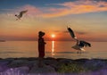 Women  sunset  in red dress and summer hat seagull fly enjoy pink summer sunset at sea nature seascape  landscape  romantic Royalty Free Stock Photo