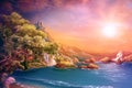 Romantic sunset, seaside mountain landscape with medieval castle, ship with sails and mediterranean houses