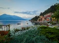 Romantic sunset in Varenna, a beautiful village on the shores of Como Lake, Italy. Royalty Free Stock Photo