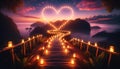 Romantic Sunset View with Heart-Shaped Light Installation, AI Generated