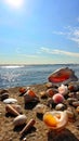 Sunset on sea romantic Seascape skyline horizon seashell on rock blue sky old town city  port of Tallinn,Estonia,Baltic Sea Royalty Free Stock Photo