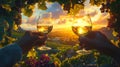 Romantic Sunset Vineyard Toast: Two Hands Clinking Wine Glasses Royalty Free Stock Photo
