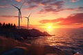Romantic Sunset with Wind Turbine Demonstrating the Beauty of Green Energy
