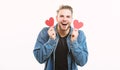 Romantic symbol. Guy well groomed hold heart white background. Romantic macho. Man with beard celebrate valentines day Royalty Free Stock Photo
